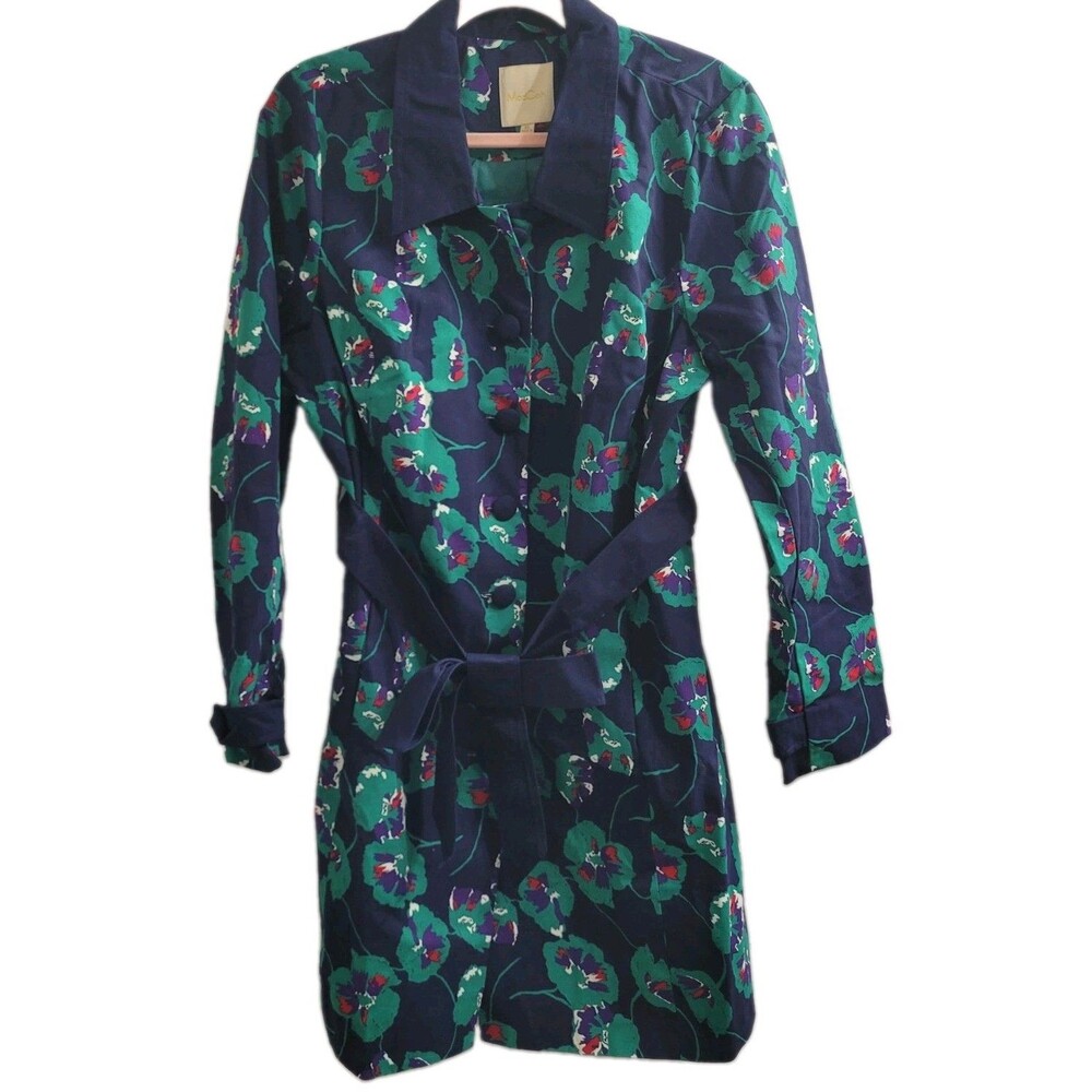 ModCloth Retro Delightful Directions Floral Trench Coat XL Cotton Belted Navy